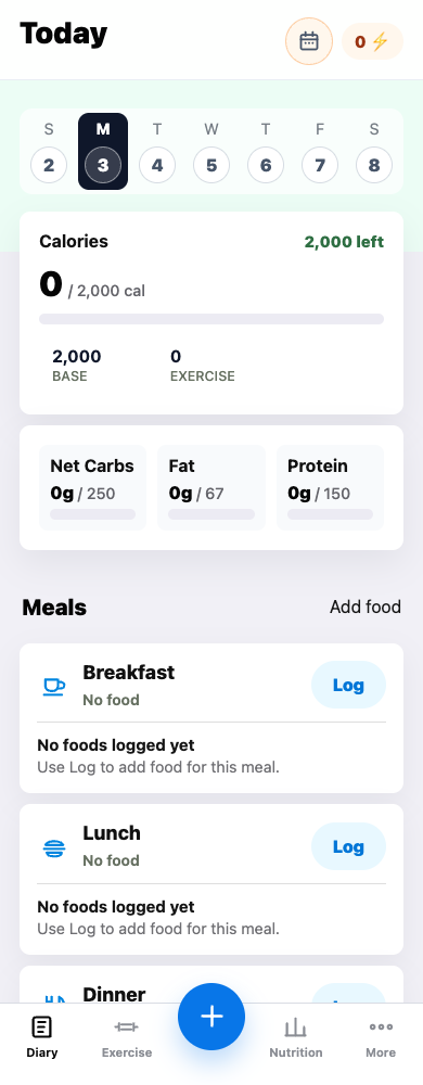 Macro360 mobile diary showing calories, macros, meals, and bottom navigation