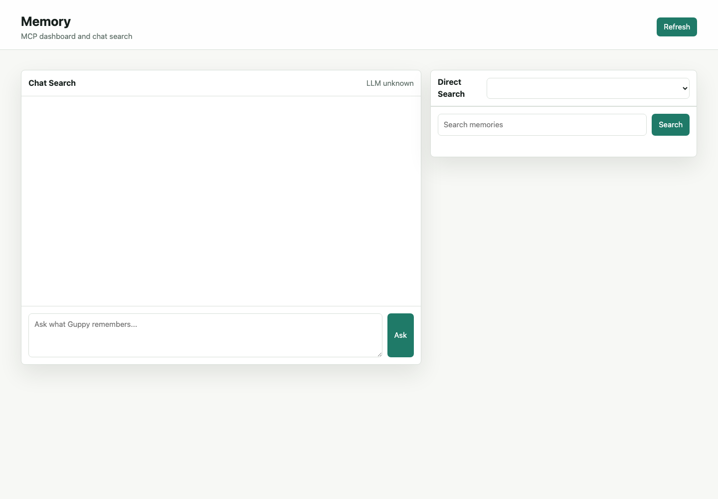 Memory dashboard with chat search and direct memory search panels